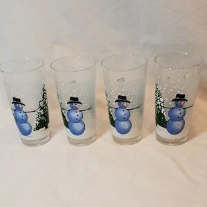 Snowmen & Pine Trees Tumbler Drinking Glasses Vintage KIG Indonesia, Set Of 4